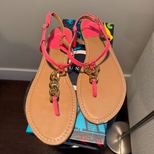 J. Crew Wonder Pink Chain T-Strap Sandals Size 9 Gold Chain Leather